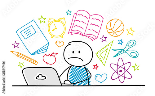 Sad stickman with school elements. Vector.