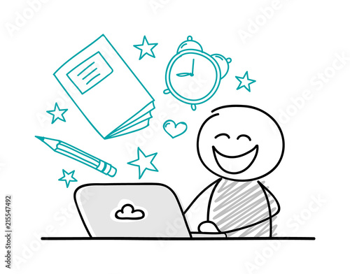 Hand drawn stickman working on laptop with school background. Vector.