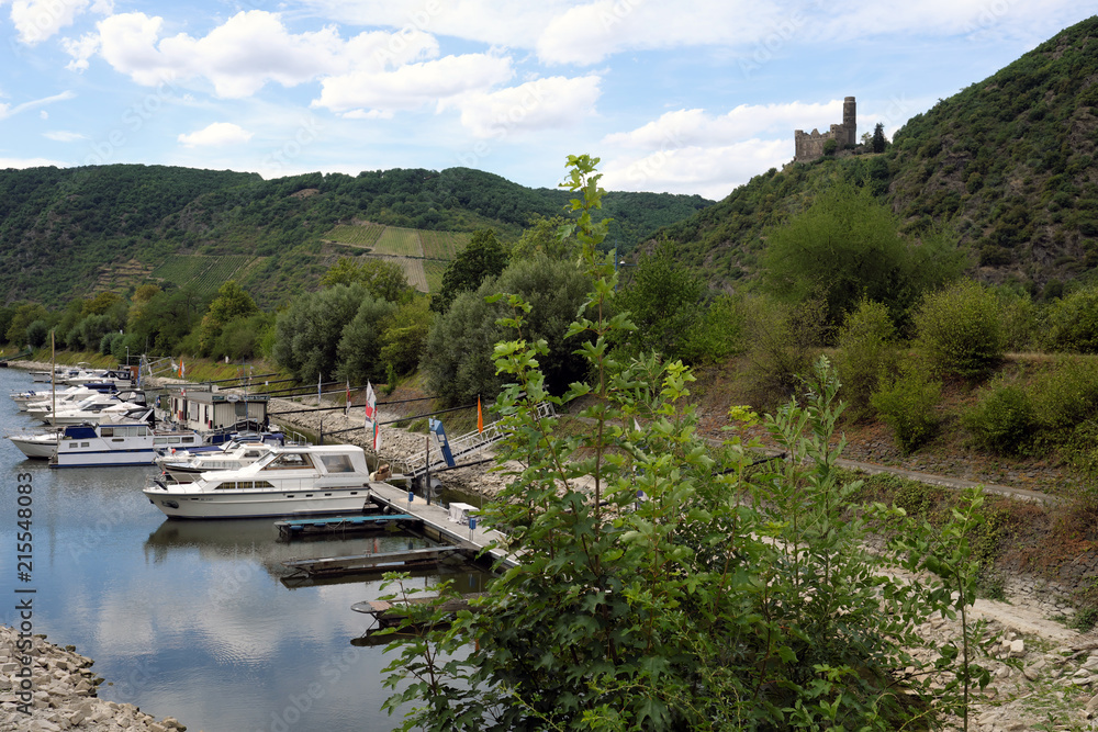 Kleiner Yachthafen am Rhein bei St. Goar im Welterbe Oberes Mittelrheintal mit Burg Maus - Stockfoto