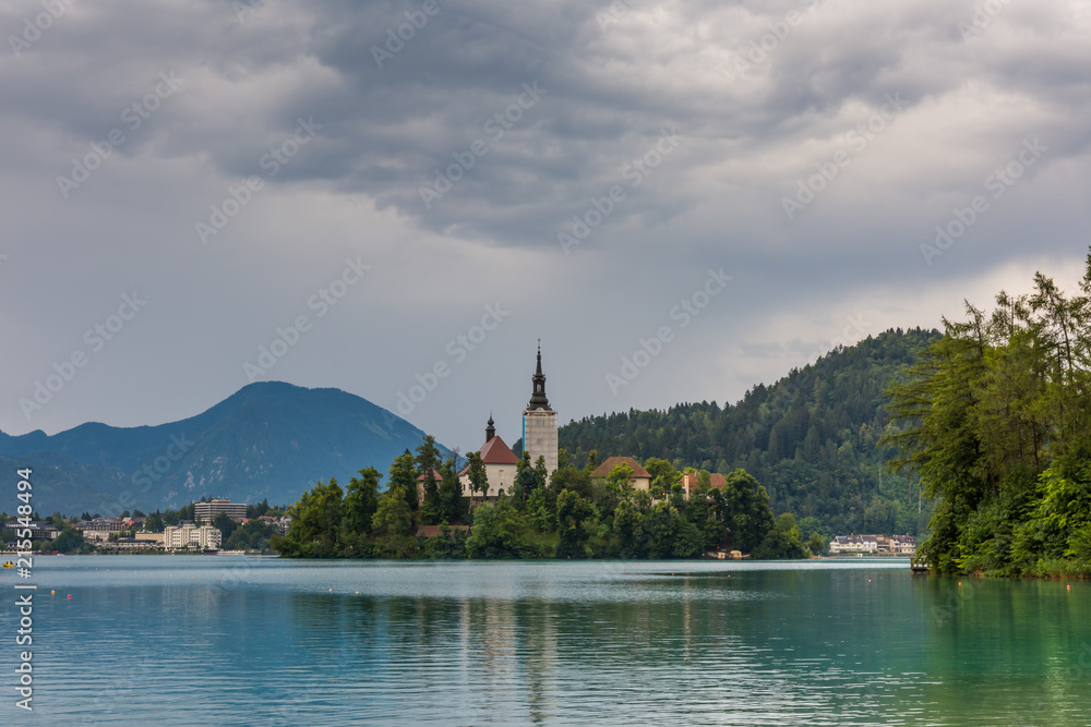 Bled lake after the storm with dark clouds. Slovenia touristic place in Europe.