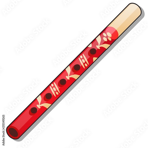 Wooden pipe with red ornament isolated on white background. Vector cartoon close-up illustration.