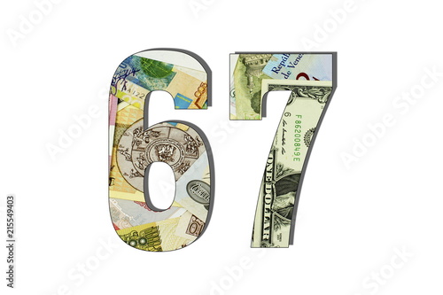 67 Number Different Worlds Banknotes. Background for business. Money concept. White isolated