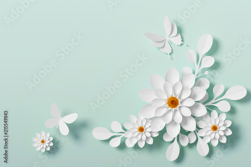 Fototapeta Naklejka Na Ścianę i Meble -  White Flower paper style, paper craft floral, Butterfly paper fly, 3d rendering, with clipping path.