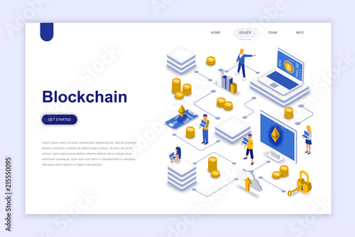 Blockchain modern flat design isometric concept. Cryptocurrency and people concept. Landing page template. Conceptual isometric vector illustration for web and graphic design.