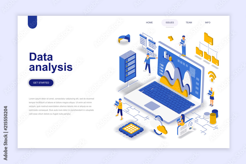 Data analysis modern flat design isometric concept. Analytics and people concept. Landing page template. Conceptual isometric vector illustration for web and graphic design.