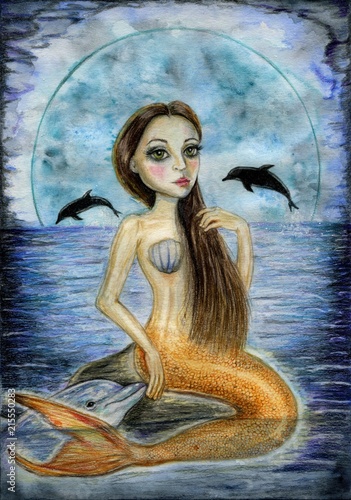 mermaid, blue moon, dolphin, sea, night