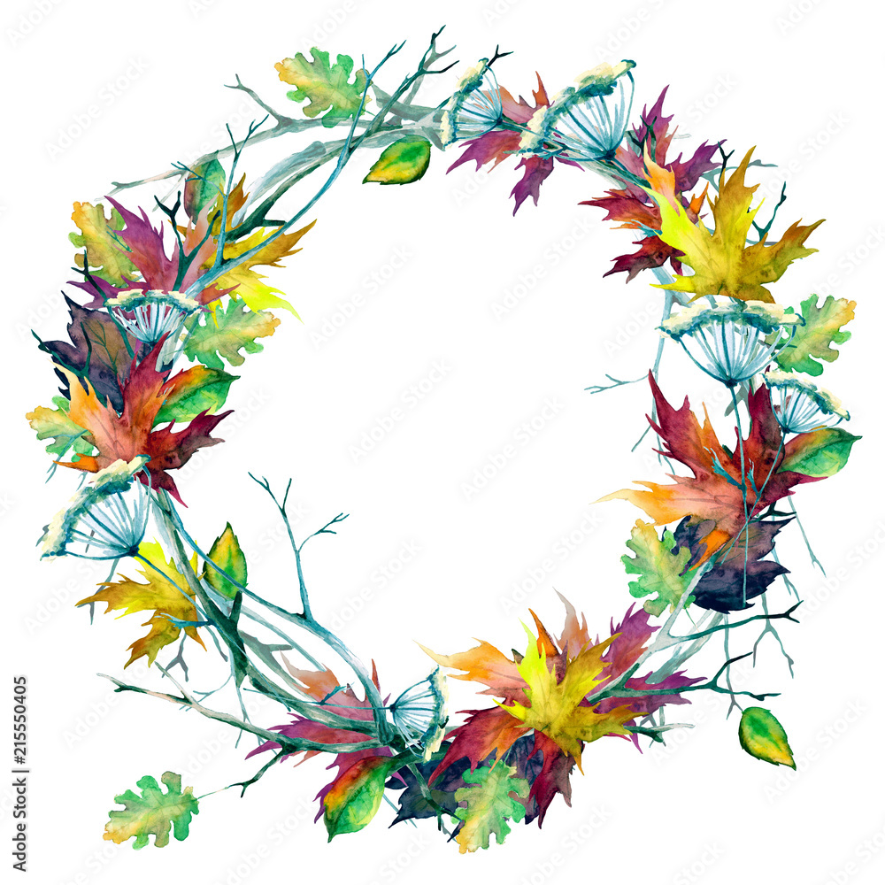 Obraz premium Wreath of branches and sticks, twigs, dry flower, Autumn maple leaves. Watercolor, isolated on white background.