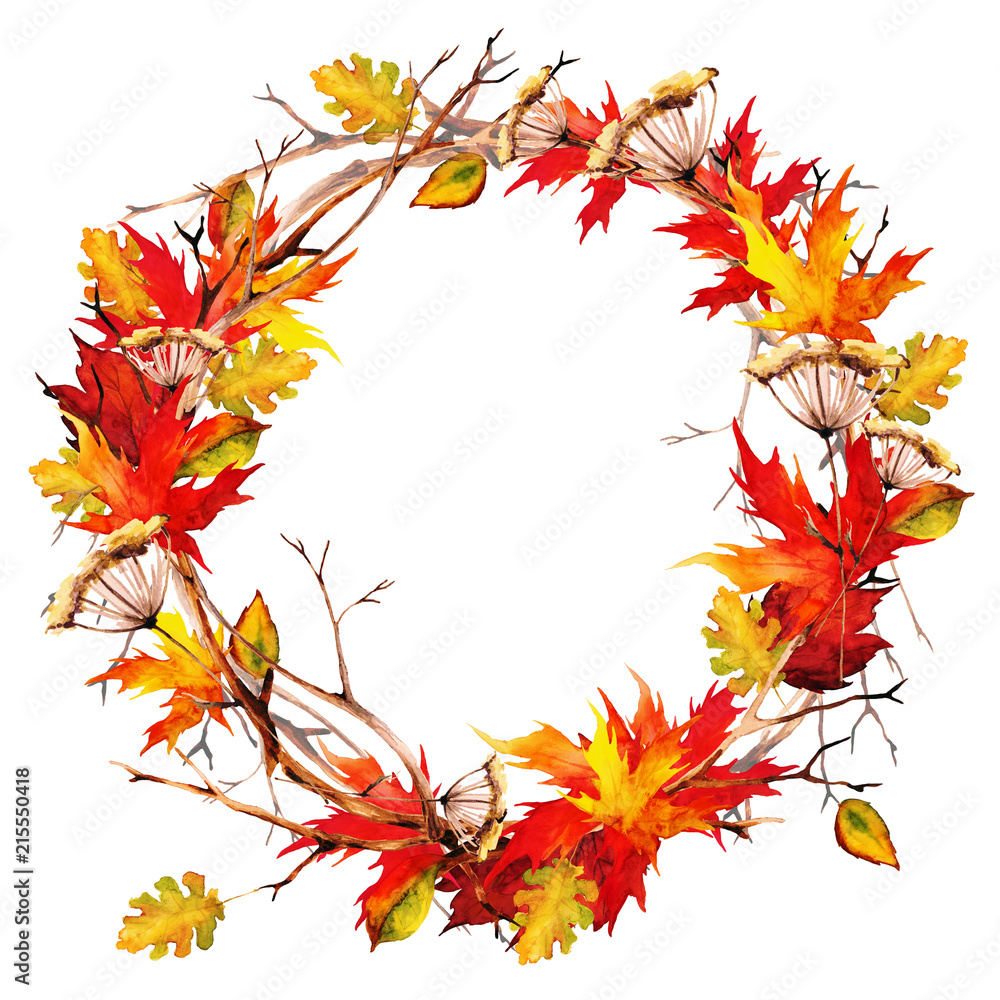 Wreath of branches and sticks, twigs, dry flower, Autumn maple leaves. Watercolor, isolated on white background. Wreath of branches and sticks, twigs, dry flower, Autumn maple leaves. Watercolor, isolated on white background.