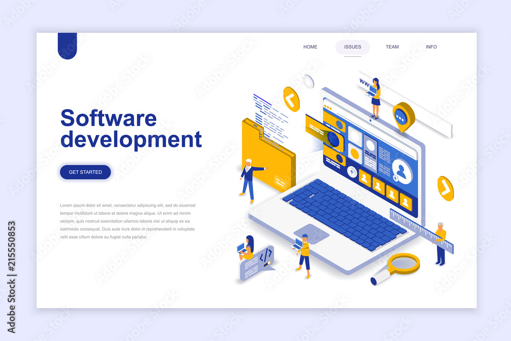 Software development modern flat design isometric concept. Developer and people concept. Landing page template. Conceptual isometric vector illustration for web and graphic design.
