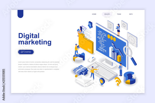 Digital marketing modern flat design isometric concept. Advertising and people concept. Landing page template. Conceptual isometric vector illustration for web and graphic design.