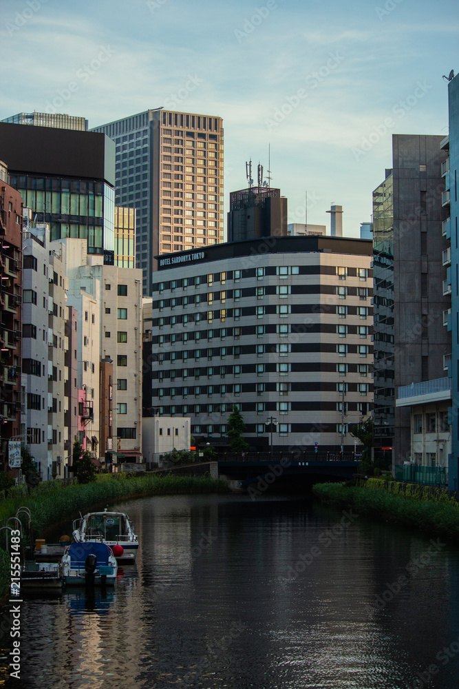 Riverside buildings in Tokyo, Japan in the early morning 