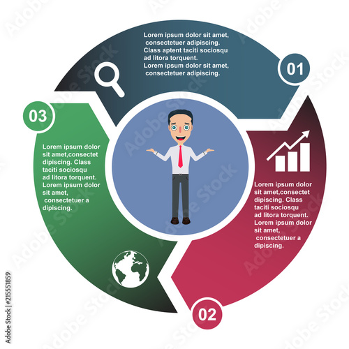 3 step vector element in three colors with labels, infographic diagram. Business concept of 3 steps or options with bussinesman