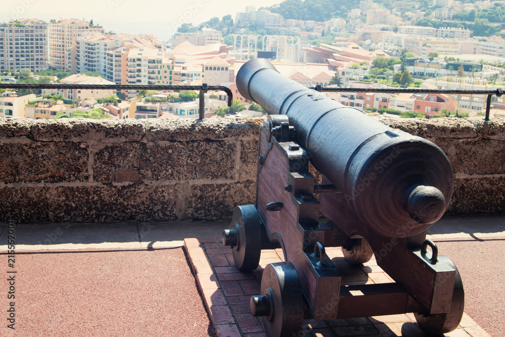 Cannon aiming at the sea. Monte Carlo old town of Monaco.