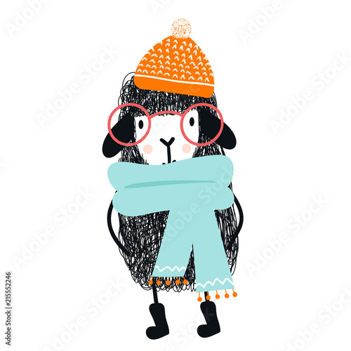 Cute hand drawn nursery poster with cool cartoon sheep animal character with glasses and a cap.