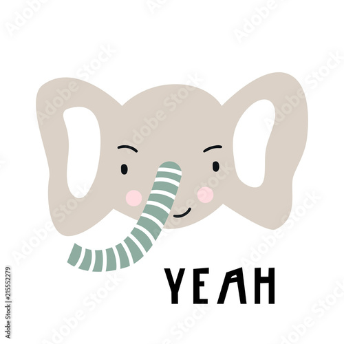 Yeah - Cute hand drawn nursery poster with cool elephant animal character and lettering in scandinavian style.