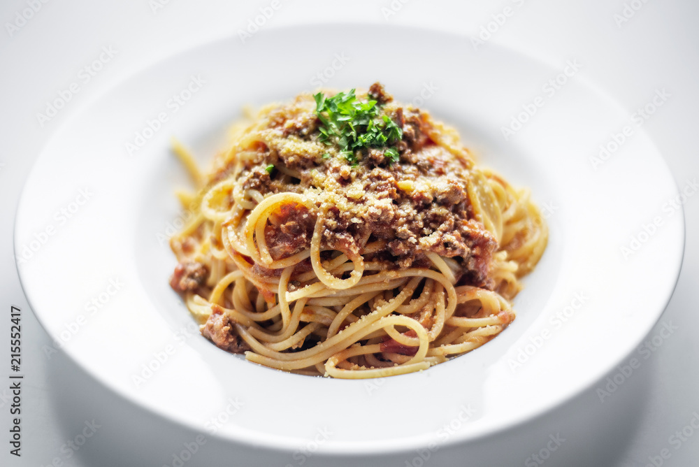 spaghetti pasta bolognaise with beef and tomato parmesan sauce