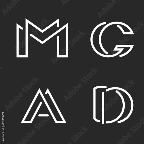 Set logo M, D, A, G letters monograms logos, group creative linear marks, overlapping black and white thin lines business or wedding card emblems photo