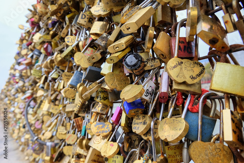 Love padlocks on the Seine bridge in Paris, France