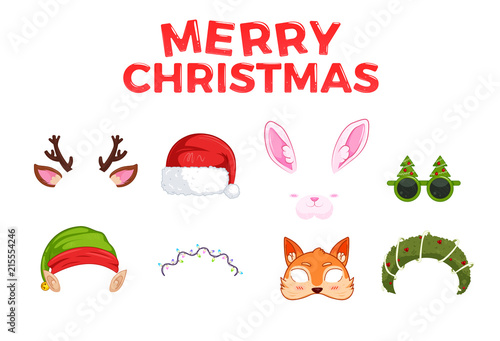 New Year's masks for photos. Christmas clipart Santa Claus and Elf and rabbit and deer, and fox