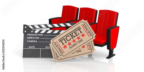 Cinema old type tickets beige, movie clapper and red movie theater seats on a white background, 3d illustration.