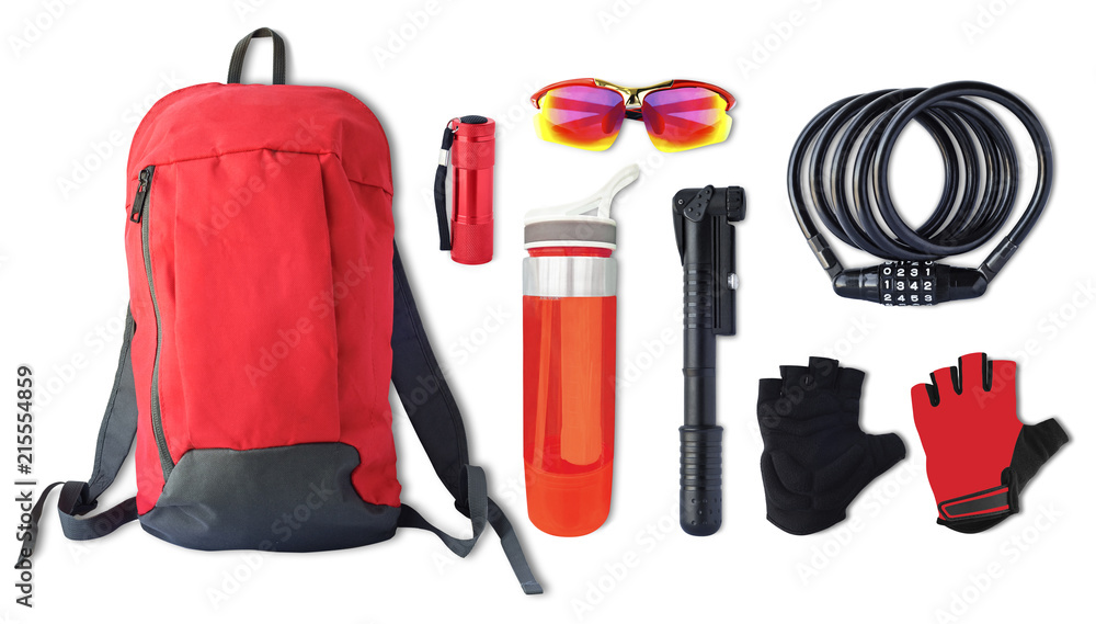 Naklejka premium Set of sport accessories and tools for cycling. Top view of bicycle equipments isolated on white background
