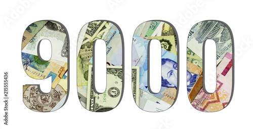 9000 Different Worlds Banknotes. Background for business. Money concept White isolated