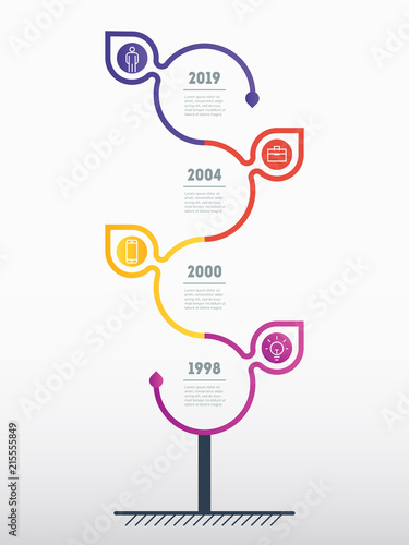 Vertical Timeline infographics with icons in leafs. The development and growth of the business. Time line of tendencies and trends graph. Business concept with 4 options, parts, steps or processes.