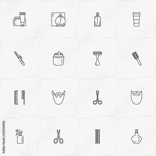 Barbershop line icon set with beard, perfume and scissor