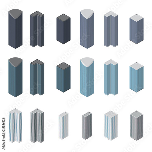 Isometric buildings set. Vector isometric skyscrapers and tall buildings set. Vector.