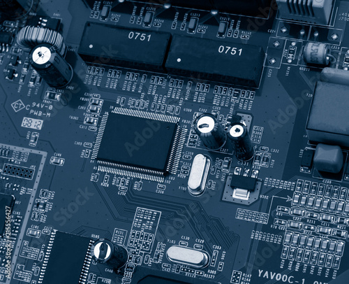 close up of electronic elements on motherboard