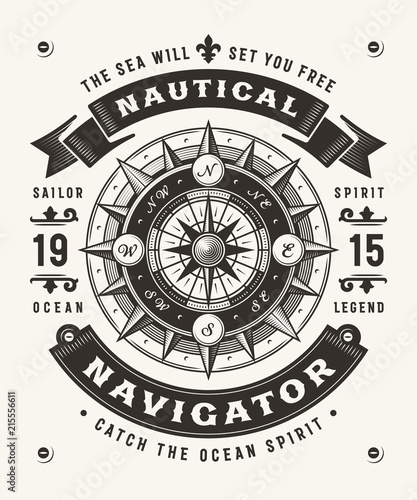 Vintage Nautical Navigator Typography (One Color). T-shirt and label graphics in woodcut style. Editable EPS10 vector illustration.
