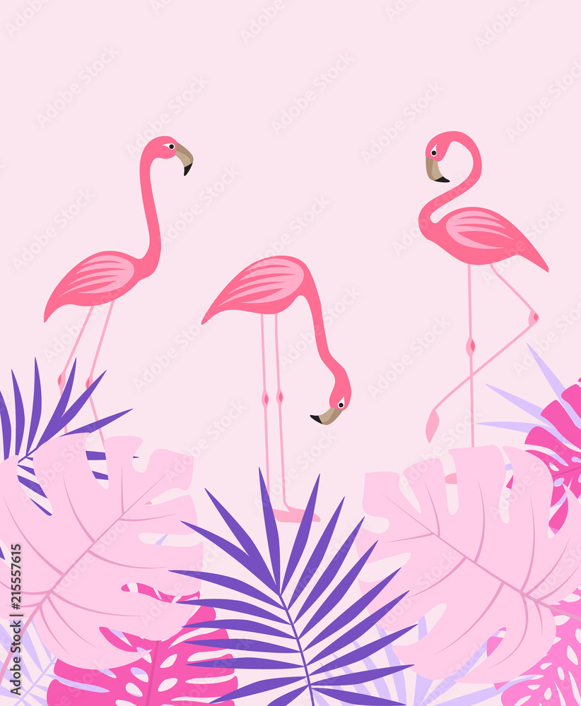 Vector illustration of natural background with palm leaves and flamingo. Exotic green tree leaves Vector illustration of natural background with palm leaves and flamingo. Exotic green tree leaves