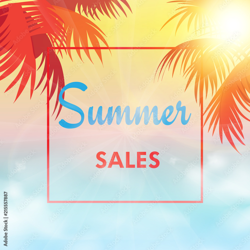 Summer sales background with palm tree leaves. Vector