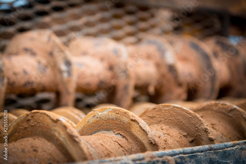 Drill for water search. Drilling installation in disassembled form.Industrial technician.
