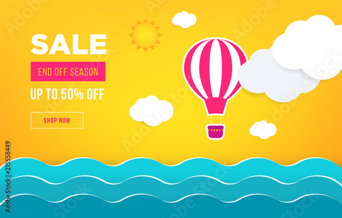 Sale banner template design. Web banner with hot air balloon, sea, sun, clouds for your site. Modern gradient style. Home page concept with text space background.