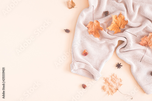 Autumn composition. Women fashion sweater, dried leaves on pastel beige background. Autumn, fall concept. Flat lay, top view, copy space