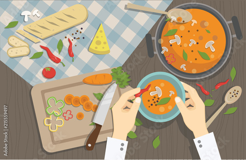 The cook prepares delicious dishes. Vector illustration.