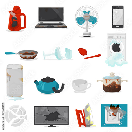 Broken appliance vector damaged homeappliances or burnt electrical household equipment illustration set of burnt-out refrigerator or washing machine in damage isolated on white background