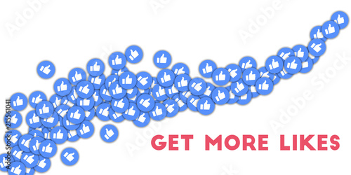 Get more likes. Social media icons in abstract shape background with scattered thumbs up. Get more l photo