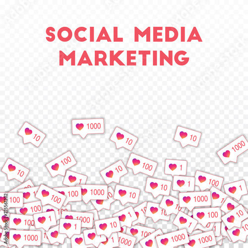 Social media icons. Social media marketing concept. Falling gradient like counter. Scatter bottom gr