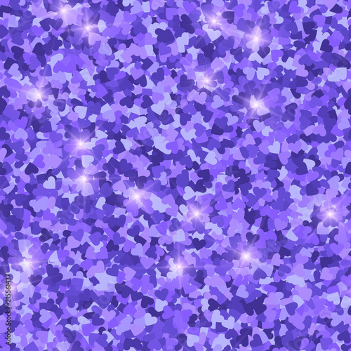 Glitter seamless texture. Actual purple particles. Endless pattern made of sparkling hearts. Remarka