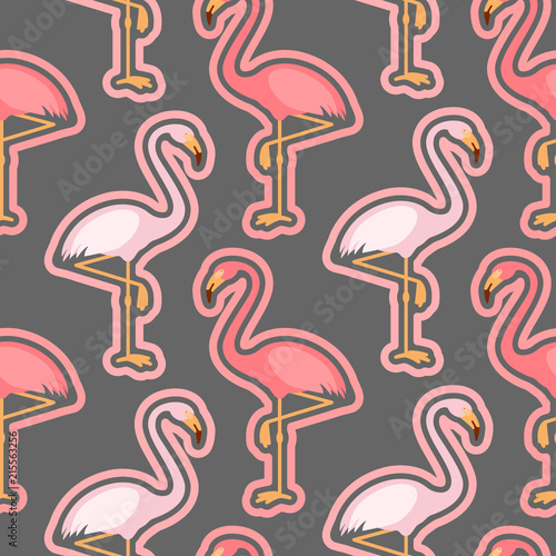 Seamless pattern with pink flamingo, flamingo figure with outline, trend background, vector