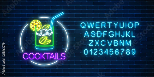 Neon cocktail glass sign in circle frame with alphabet. Glowing symbol of glass with alcohol shake.