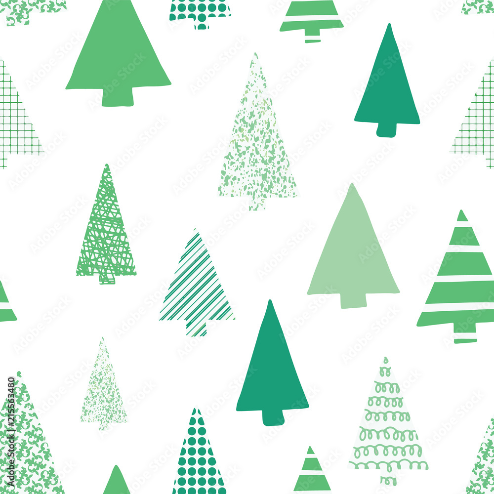 Abstract green christmas trees vector seamless pattern. Christmas tree silhouettes green on a white background. Modern Christmas design. Perfect for Christmas cards, gift wrap, fabric, and packaging.