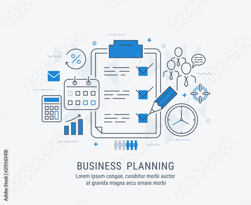 Flat line illustration of business planning, market research, analysis, business management, strategy, finance and investment, business success. For web banners and printed materials.