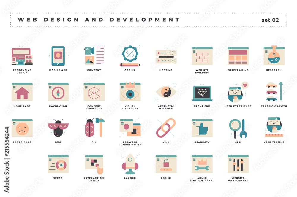 Web design and development. Set of pixel-perfect icons. Flat color style. Variety of unique visual metaphors suitable for wide range of uses. Web design and development. Set of pixel-perfect icons. Flat color style. Variety of unique visual metaphors suitable for wide range of uses.