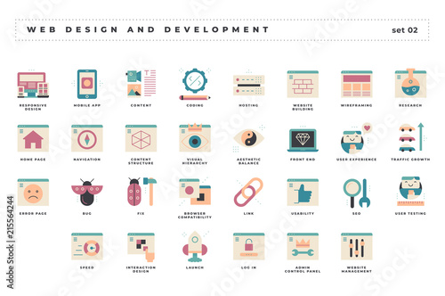 Web design and development. Set of pixel-perfect icons. Flat color style. Variety of unique visual metaphors suitable for wide range of uses.