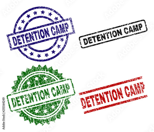DETENTION CAMP seal stamps with corroded texture. Black, green,red,blue vector rubber prints of DETENTION CAMP text with dust texture. Rubber seals with round, rectangle, medallion shapes.