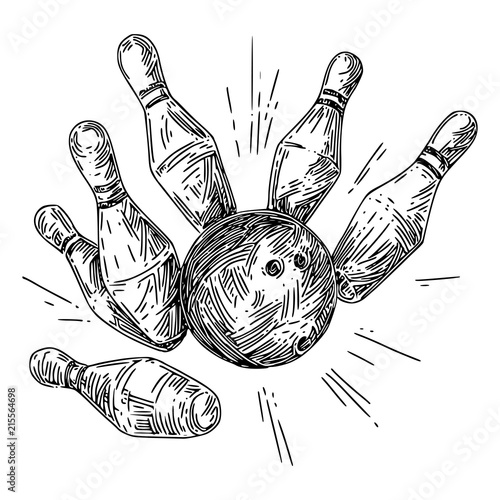 Bowling. Ball knocks pins. Sketch. Engraving style. Vector illustration.