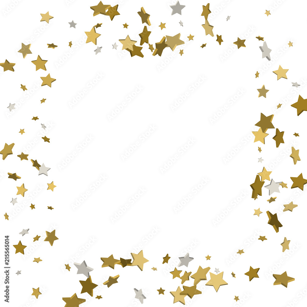 3d gold frame or border of random scatter golden stars on white background. Design element for festive banner, birthday and greeting card, postcard, wedding invitation. Vector illustration